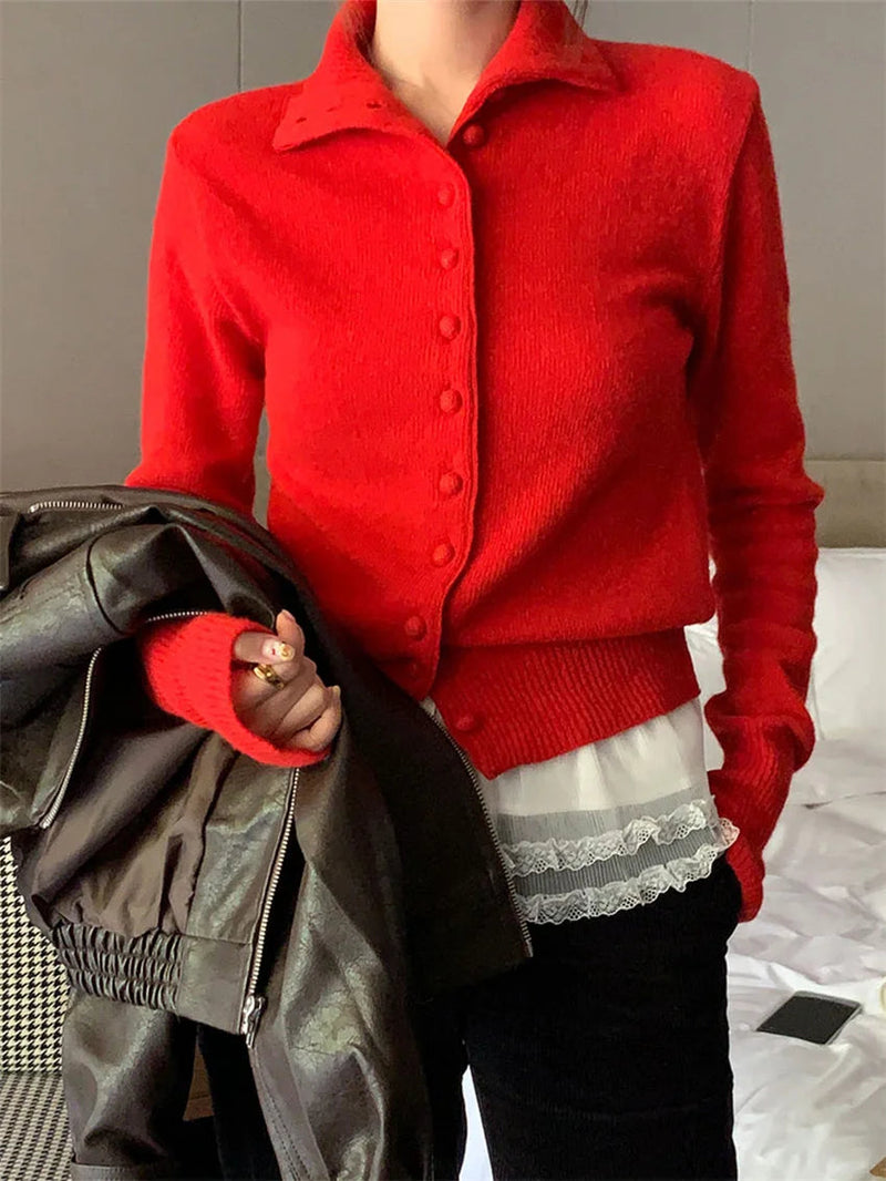 Red Sweaters Knitted Loose Daily All Match Autumn Cardigans New Gentle Sweet