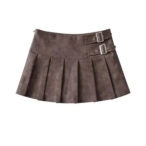 Korean Retro High Street Pu Leather Low Waist Pleated Short Skirt Skirt
