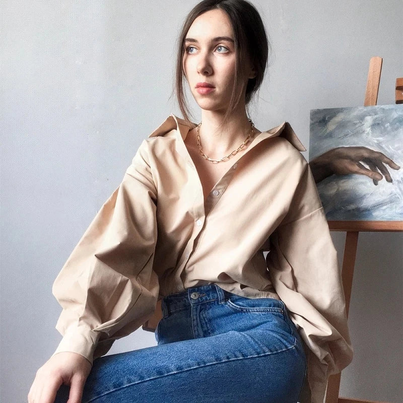 Autumn Lantern Long Sleeve Blouse Shirt Basic Top Turn Down Collar Office Lady White Shirt Tops Blusas