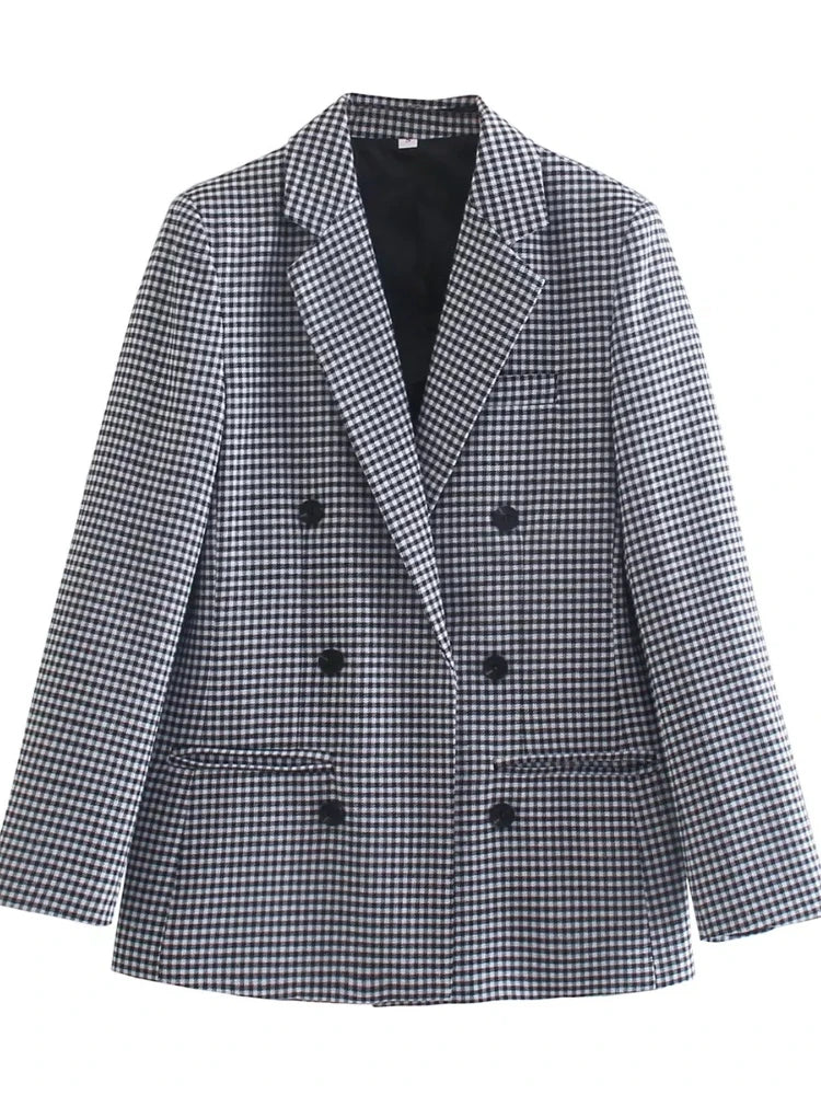 Autumn Plaid Blazer for Office Outfits New in Jacket Double Breasted Coat Oversized Blazer De Mujer