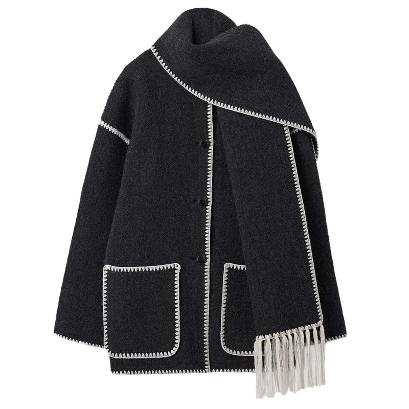 Loose Coat With Scarf Long Sleeve Pocket Single Breasted Female Coats Autumn Winter Lady Jacket