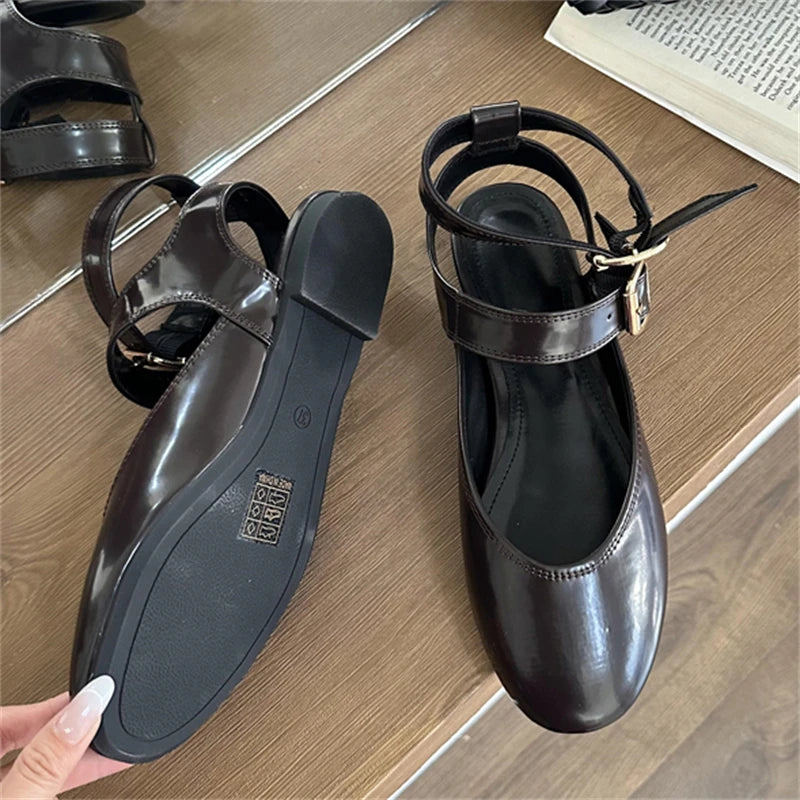 New Design Narrow Band Buckle Strap Flats Shoes Round Toe Party Dress Shoes Big Size 43