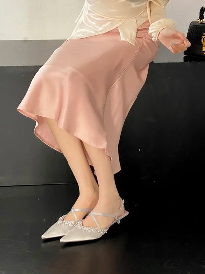Spring Crystal Pointed Toe Narrow Band Woman Pumps Sandals Thin Low Heels Slingbacks Buckle Strap Female Shoes