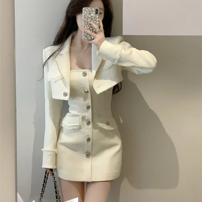 Autumn New Tweed Two-piece Set Long Sleeve Short Jacket Strapless Bodycon Mini Dress Korean Outfits
