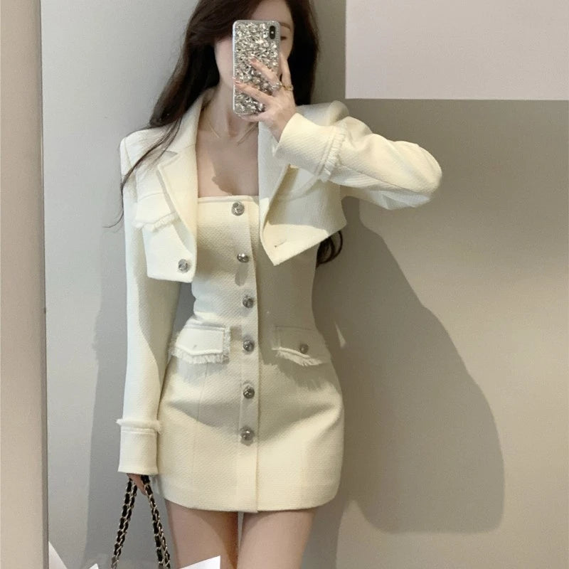 Autumn New Tweed Two-piece Set Long Sleeve Short Jacket Strapless Bodycon Mini Dress Korean Outfits
