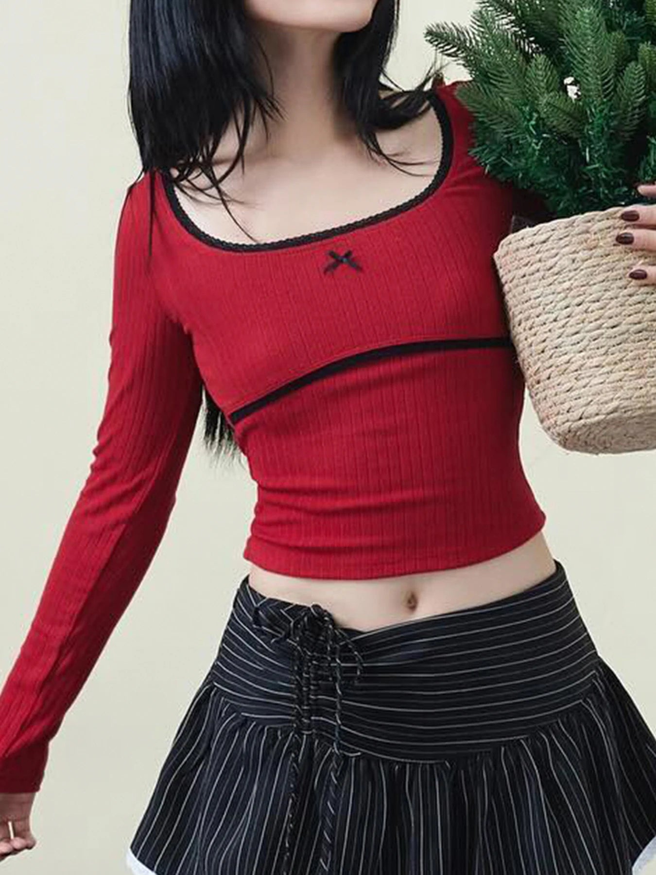 Christmas Knitted Lace Trim Square Collar Long Sleeves T-shirts Sweet Festive Atmosphere Blouses