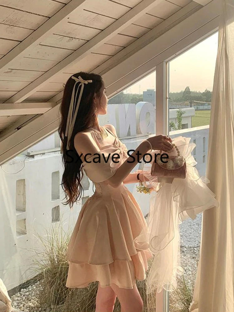 Summer Y2k Mini Dress Sweet Even Party Dress Office Lady Kawaii Clothing Bow Birthday Dress Korean