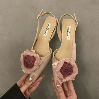 New Flower Designer Sandals Satin Mule Shoes Summer Pointed Toe Pumps Low Heel Flowers Slingback Sandals Female