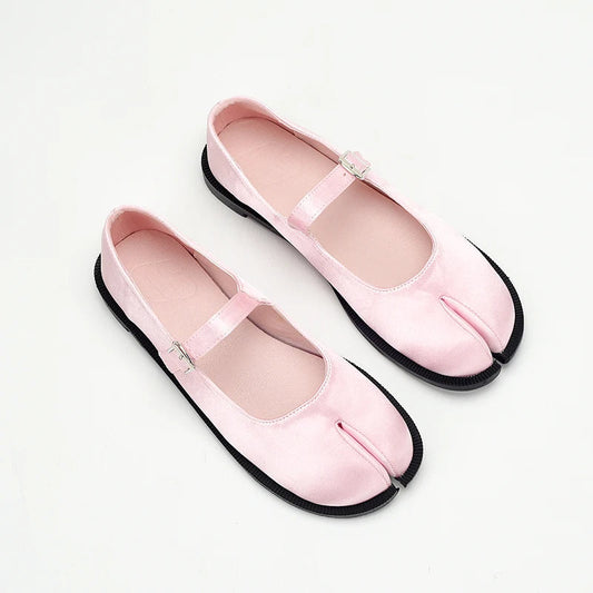 New Sweet Tabi Shoes Loafer for Split Toe Thick Sole Silk Pink Mary Jane Shoes 41