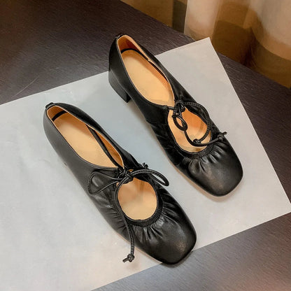 Mature Pumps Laceup Thick Heels Shoes Woman Spring Summer Office Lady Working Genuine Leather Pumps