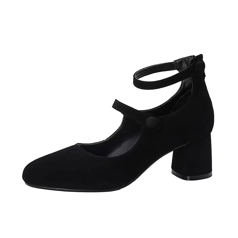 New Black Suede Mary Janes Shoes Chunky Heel High Heels Round Toe Pumps Party Dress Shoes Zapatos De Mujer