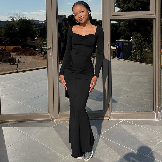 Square Collar Long Sleeve Long Dress for Gown Autumn Bodycon Maxi Dress Clubwear