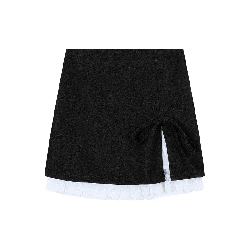 Contrast Color Patchwork Aline Skirt Spring New High Waist Lace Up Bow Slim Mini Skirt