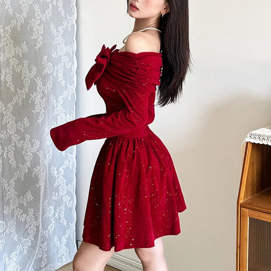 Aline Pleated Dress for Party Holiday Red Christmas New Year Ball Gown Mini Dresses Bow Slash Neck Robe