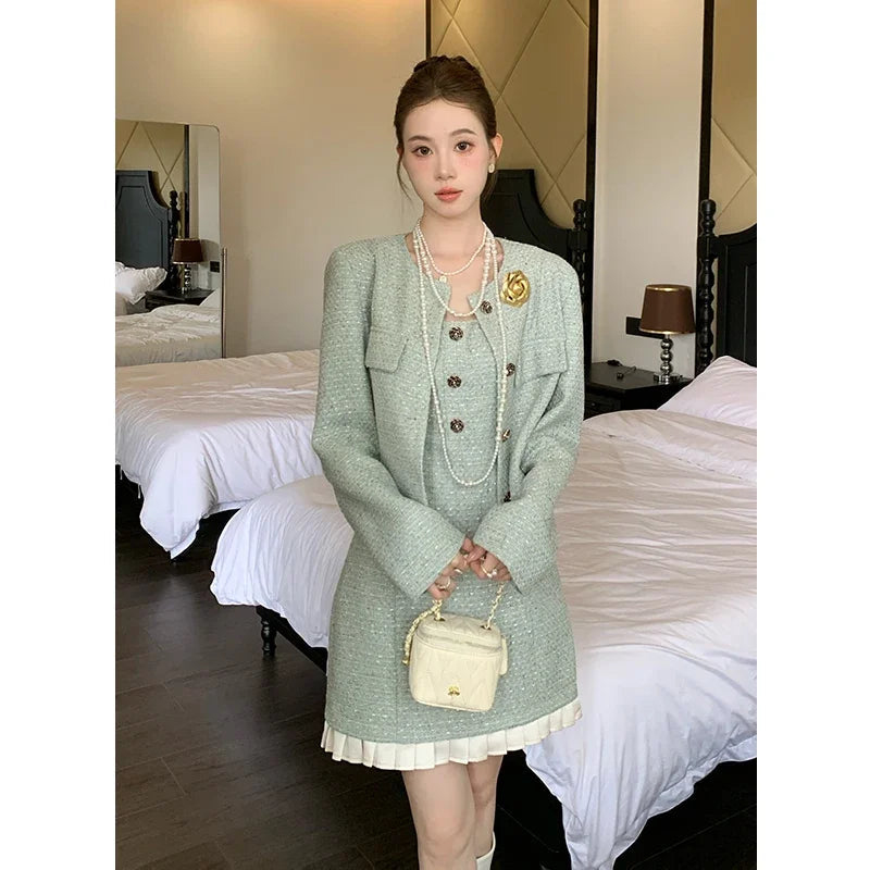 Autumn/winter New French Style Small Fragrant Style Coat+strap Camisole Dress High End Two Piece Set Outfits