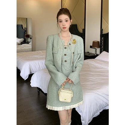Autumn/winter New French Style Small Fragrant Style Coat+strap Camisole Dress High End Two Piece Set Outfits