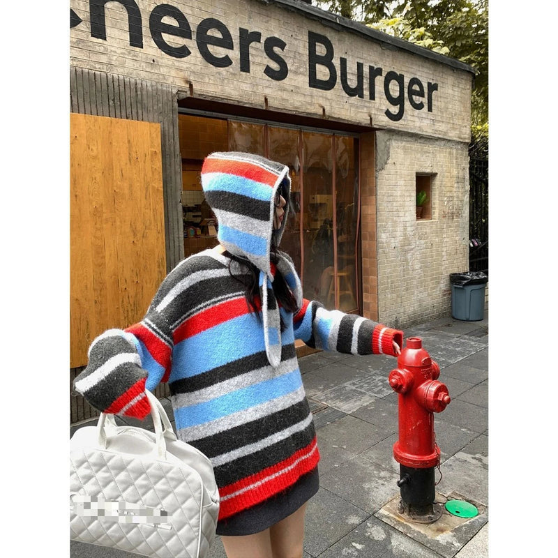 New Retro Detachable Hooded Lazy Style Striped Sweater Female Autumn/winter Loose Knitted Pullovers Sweaters Tops