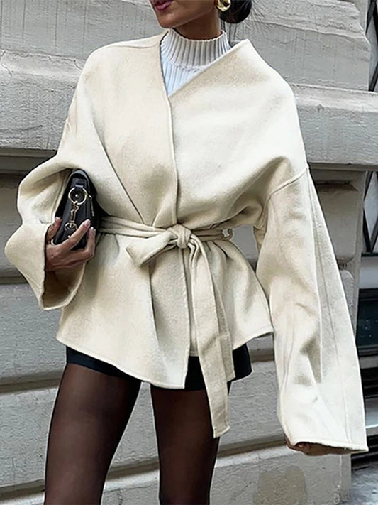 Woolen Long Sleeve Coat With Belt Loose V-neck Short Overcoat Autumn Lady Thick Warm Outwear