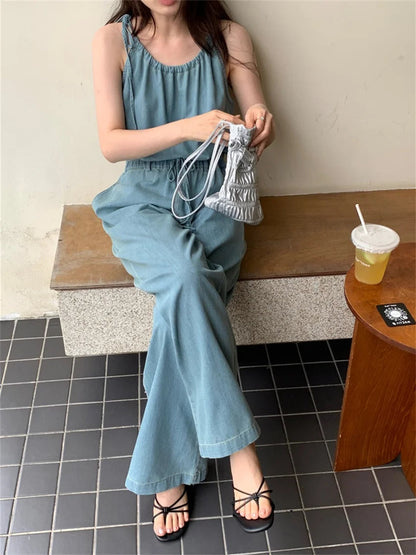 Stylish Rompers Loose High Street Summer Mujer Office Lady Halter Slim New Jeans Jumpsuits
