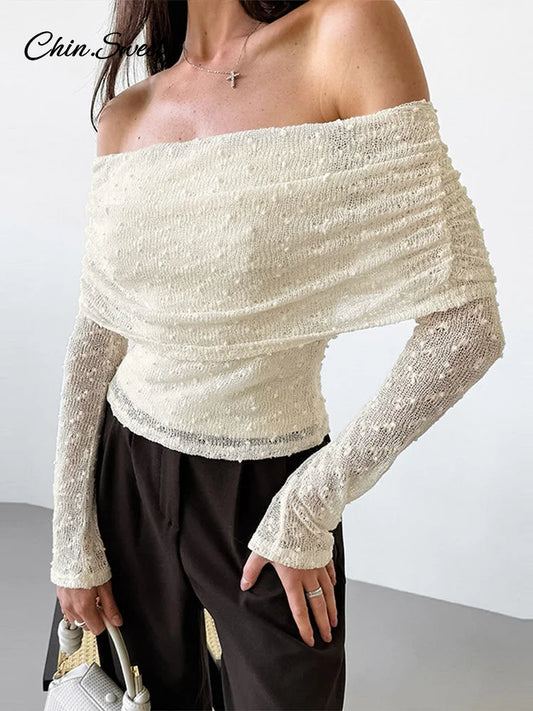 Off Shoulder ’s Shirt Knitted Long Sleeve Backless Slim Shirt Top Spring Summer Office Lady Blouses New