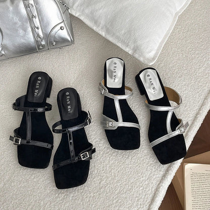 Summer Open Toe Slippers Thick Heel Beach Vacation Slides Party Dress Shoes
