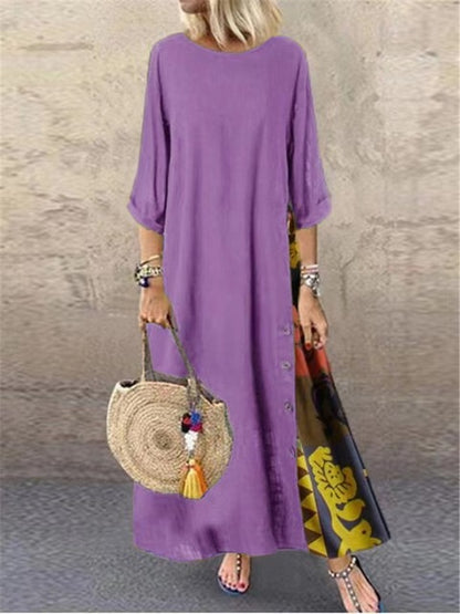 Cotton Linen Long Dresses Three Quarter Sleeves Splicing Print Loose A-line Dress Lady Maxi Vestido
