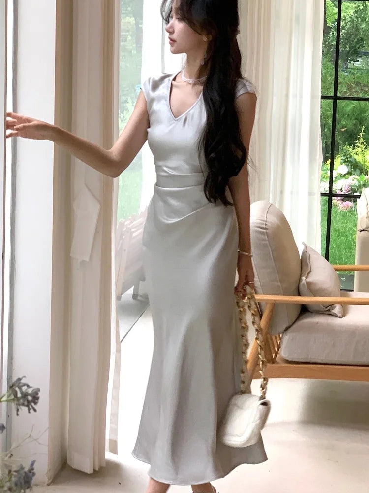 Vneck Slim Midi Dresses for Sleeveless Party Prom Female Clothes Summer