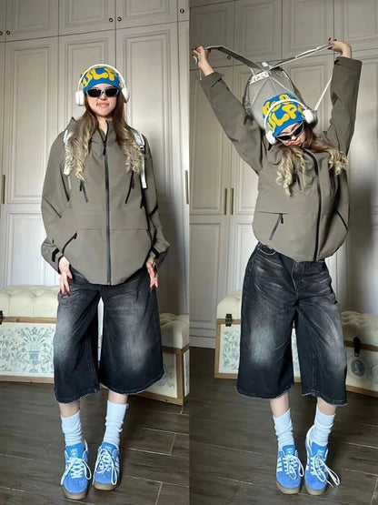 Black Calflength Shorts Jeans Oversize Wide Leg Denim Pants Y2k Causal Do Old Summer Bottoms