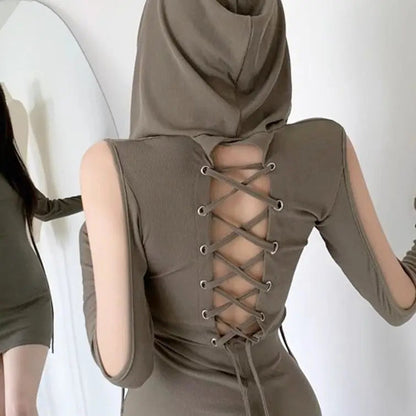 European and American Wasteland Style Hooded Tie Up Dress, Spicy Girl With Waistband and Open Backpack Buttocks Short Skirt