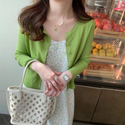 Knitted Cardigan With Camisole Skirt, Thin Outer Layer for Summer Yellow Short Cover Up, Shawl Sun Protection Jacket Top