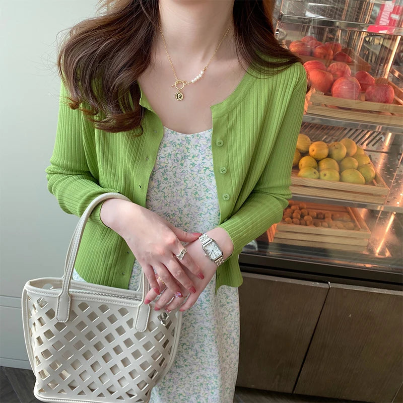 Knitted Cardigan With Camisole Skirt, Thin Outer Layer for Summer Yellow Short Cover Up, Shawl Sun Protection Jacket Top