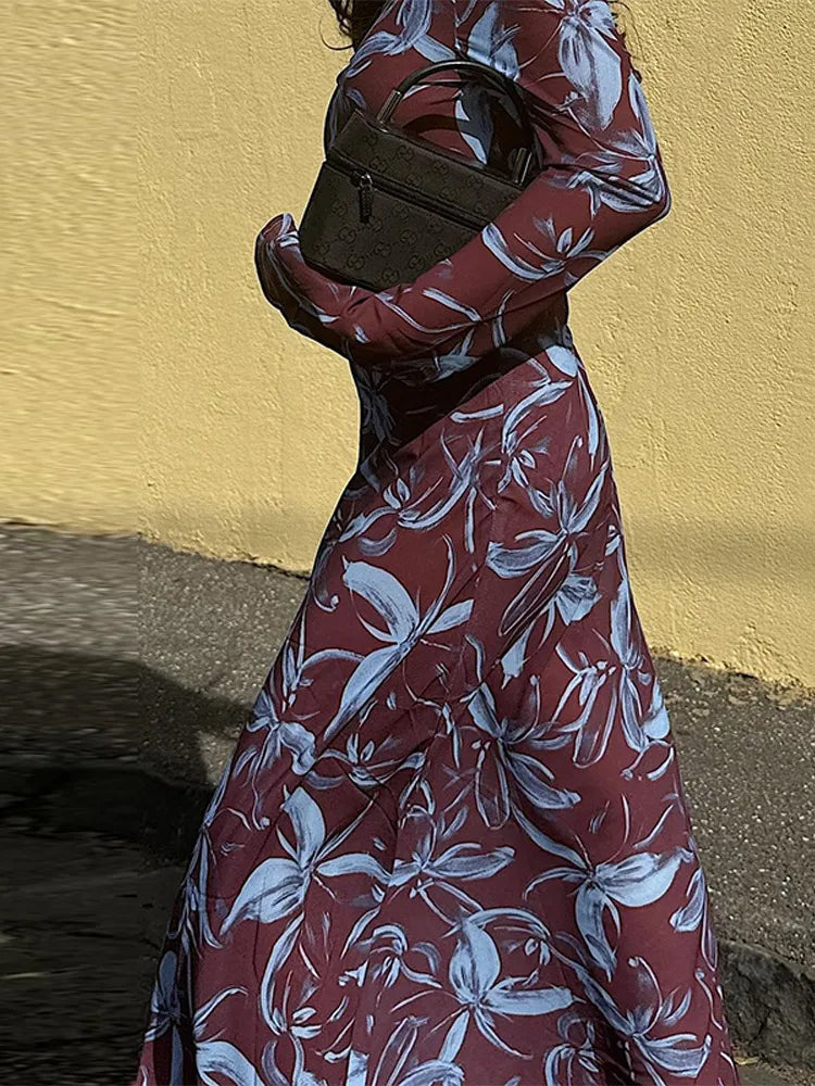 Retro Printed O-neck Holiday Dress Full Sleeve Waist-cinching Long Dresses Female Summer Street Vestidos