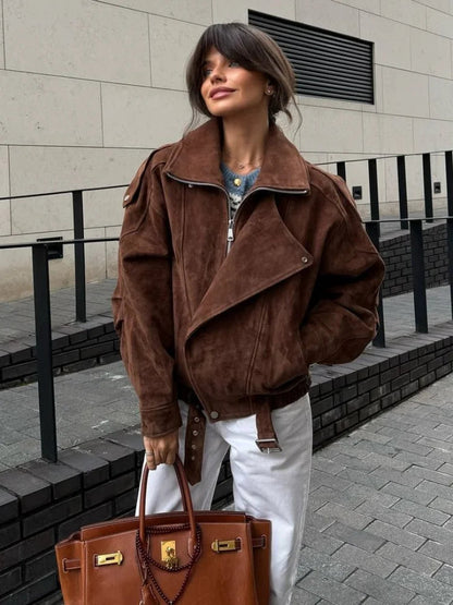 Brown Maillard Lapel Suede Leather Jackets for Long Sleeve Zipper Pockets Coats Lady High