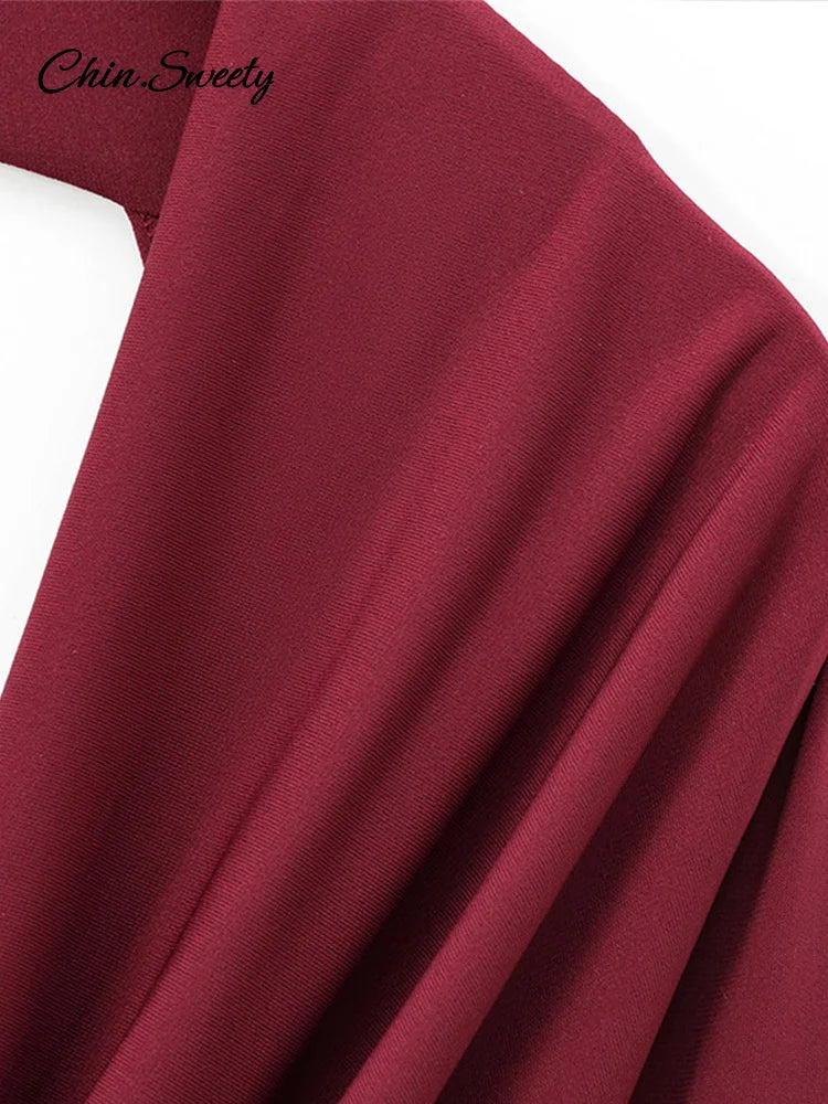 Hang Neck Burgundy Long Party Dress Halter Full Sleeve Maxi Dresses Autumn Lady Slim Hip Package Gowns New