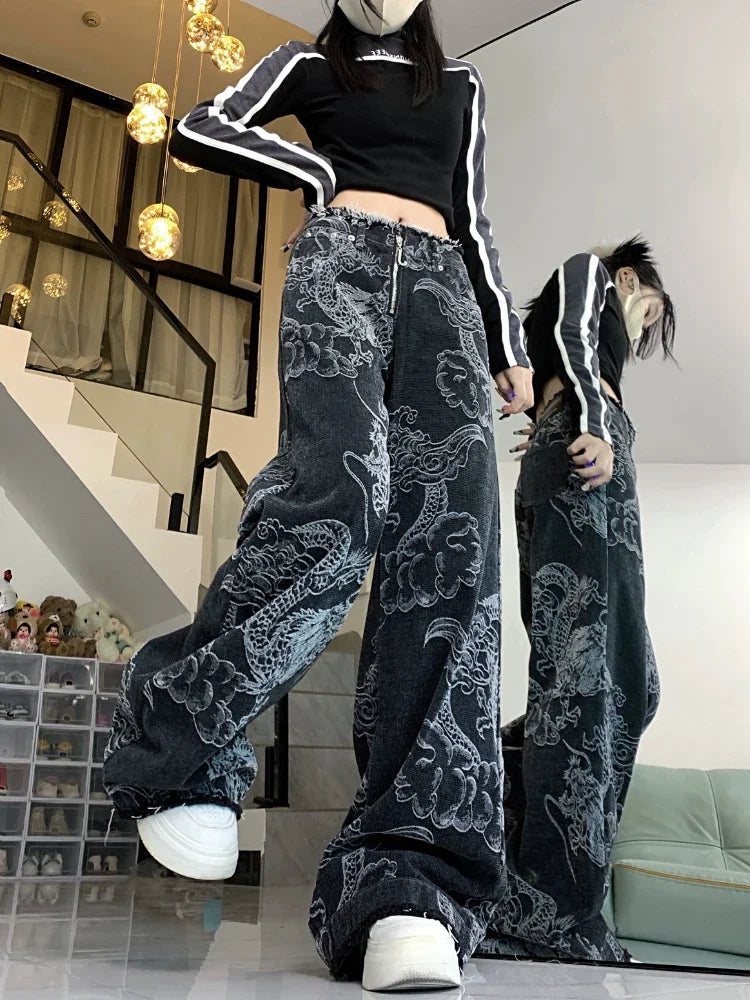 Chinese Style Jeans Y2k Baggy Dragon Print High Waist Zip Wide Leg Denim Pants Hip Hop Causal Kpop Bottoms