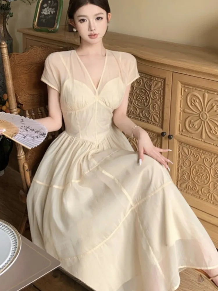 Long Dresses for V-neck A-line Birthday Party Dress French High Waist Summer New Prom Retro Vestidos Mujer