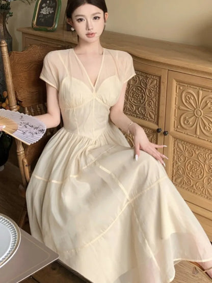 Long Dresses for V-neck A-line Birthday Party Dress French High Waist Summer New Prom Retro Vestidos Mujer