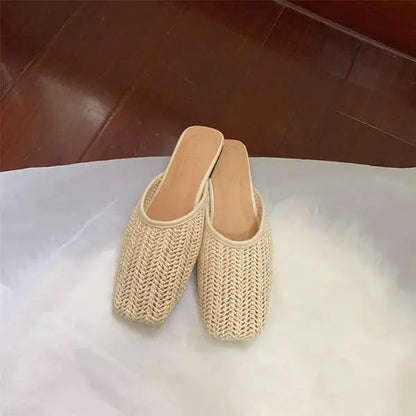 Shoes Slippers Soft Slides Slipers Cover Toe Low Loafers Fretwork Heels Comfort Flat Basic Fabric Rubber Cane Pu