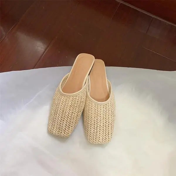 Shoes Slippers Soft Slides Slipers Cover Toe Low Loafers Fretwork Heels Comfort Flat Basic Fabric Rubber Cane Pu