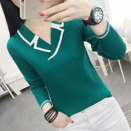 Autumn Winter Style Knitted Pullover Tops Lady V-neck Knitted Pullover Sweater Df4922