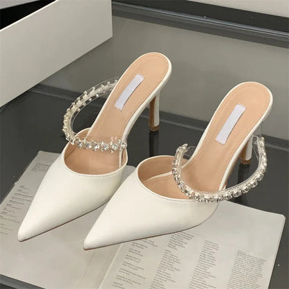 New Crystal Diamond Slipper Pointed Toe Thin Heels Dress Mules Shoes