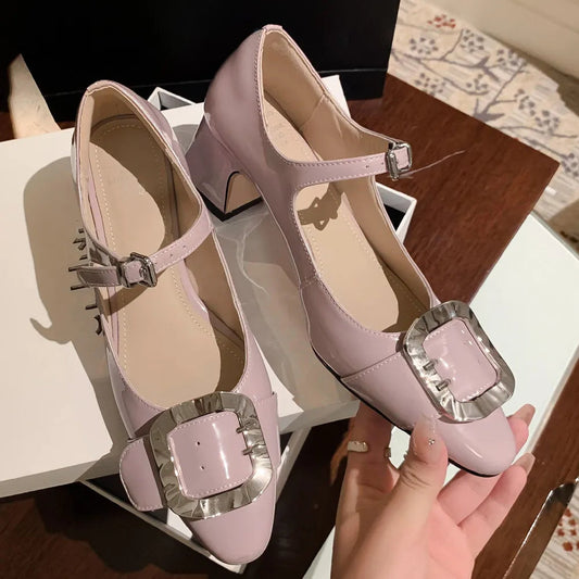 Patent Leather Mary Jane Pumps 5cm Thick Med Heel Round Toe Big Metal Buckle Decoration Heeled Dress Shoes for Hot