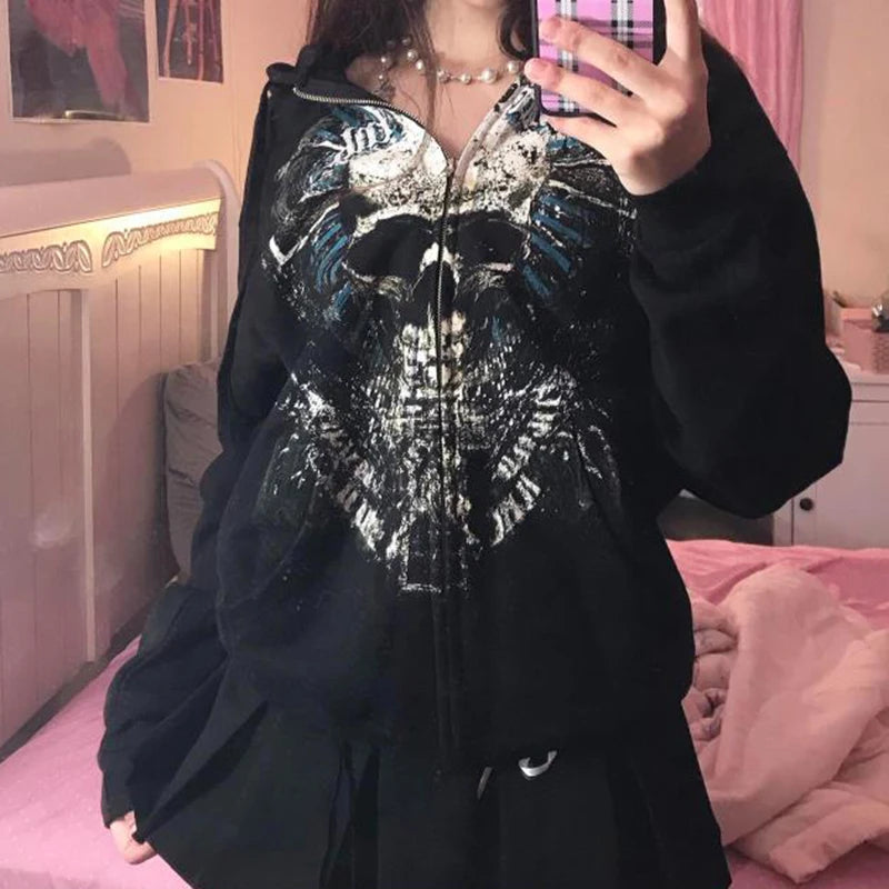 Indie Grunge Graphic Print Zip Up Hoodie Y2k Clothes Harajuku Grunge Baggy Sweatshirt Korean Kawaii Goth Mall Emo Jacket