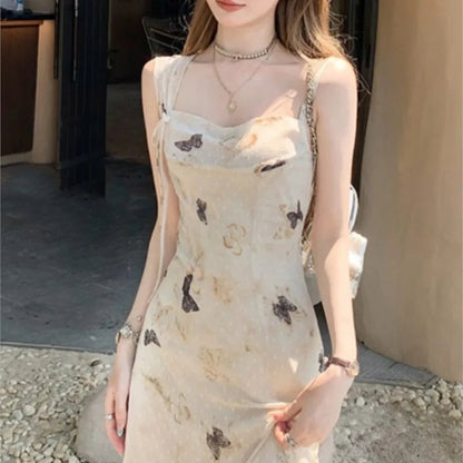 Y2k Spaghetti Strap Dress New Print Midi Dress Female Korean Slim Beach One Pieces Vestidos