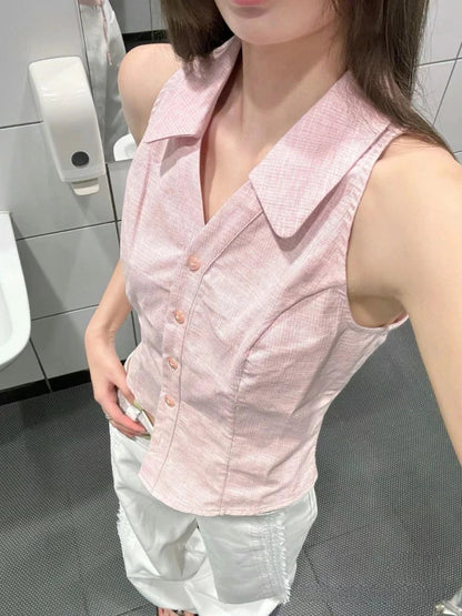 Sleeveless Halter Polo Shirts Summer Y2k Pink Button Up Blouse Female Slim Office Lady Clothes