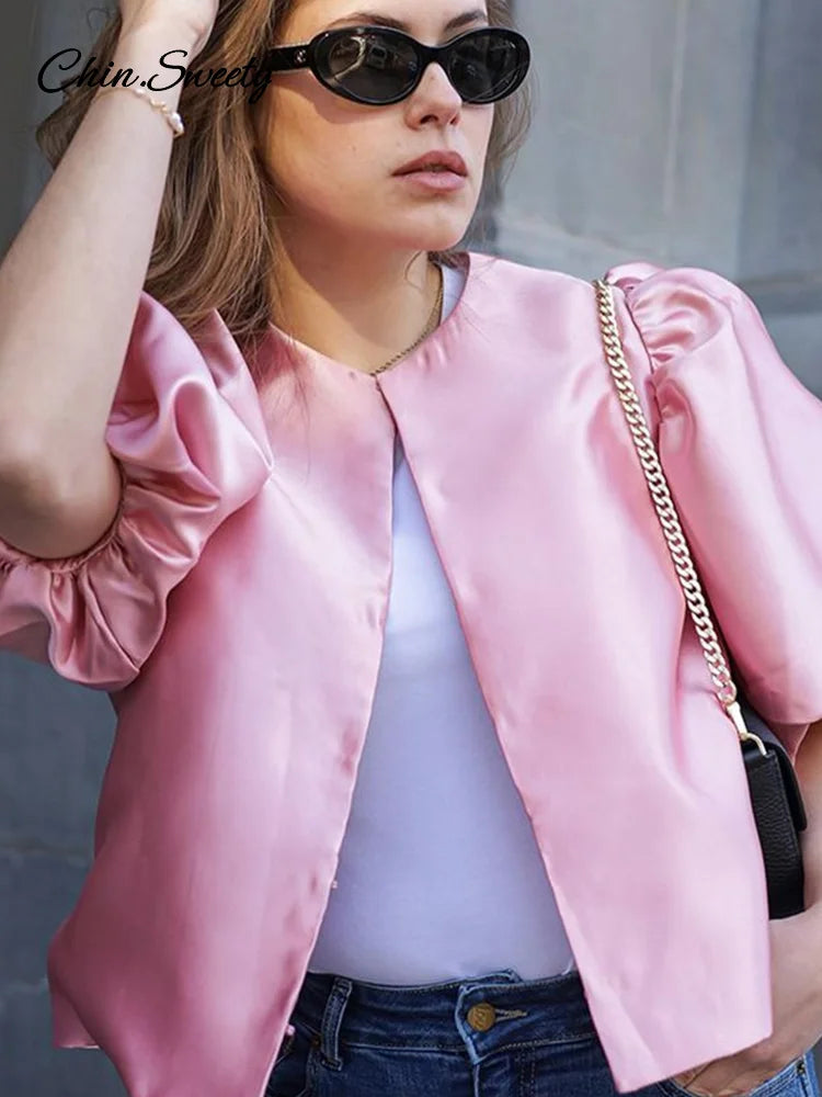 Satin Puff Short Sleeve Top Loose Buckle O-neck Shirts Female Spring Summer Office Lady Outwear