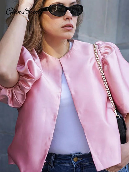 Satin Puff Short Sleeve Top Loose Buckle O-neck Shirts Female Spring Summer Office Lady Outwear
