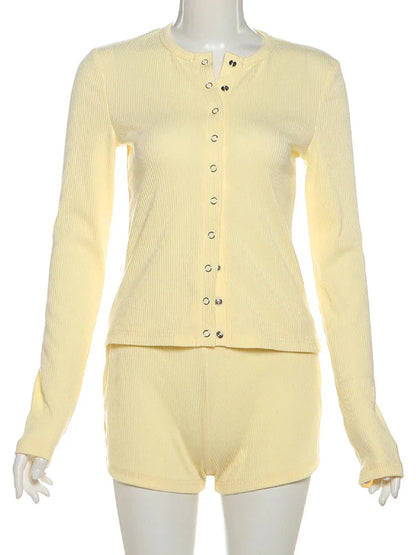 Leisure Stretch 2-piece Set Single-breasted Long Sleeves O-neck Blouse+basis Shorts Simple Classic Street Suits