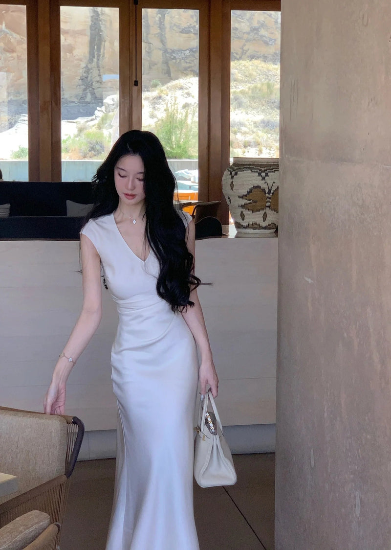 Vneck Slim Midi Dresses for Sleeveless Party Prom Female Clothes Summer