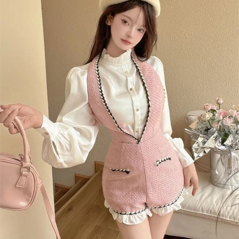 French Two-piece Set Ruffles O-neck Shirt Tweed Halter Short Overalls Autumn Y2k Outfits New